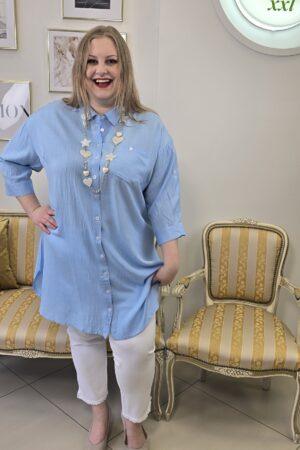 BŁĘKITNA DAMSKA KOSZULA PLUS SIZE – LNIANA DŁUGA RĘKAW 3/4