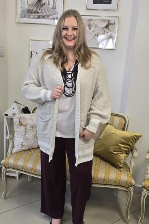 BEŻOWY DAMSKI KARDIGAN PLUS SIZE marki FRAPP typu modny sweter w jasnej tonacji