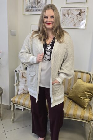 BEŻOWY DAMSKI KARDIGAN PLUS SIZE marki FRAPP typu modny sweter w jasnej tonacji