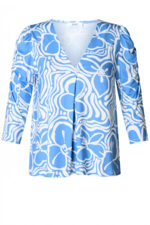 BŁĘKITNA TUNIKA ZE WZOREM i BUFIASTYMI RĘKAWAMI